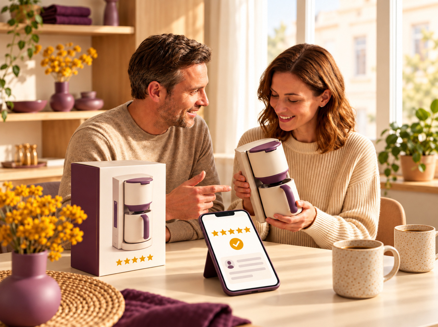 A couple examining a coffee maker beside a phone displaying a five-star product review