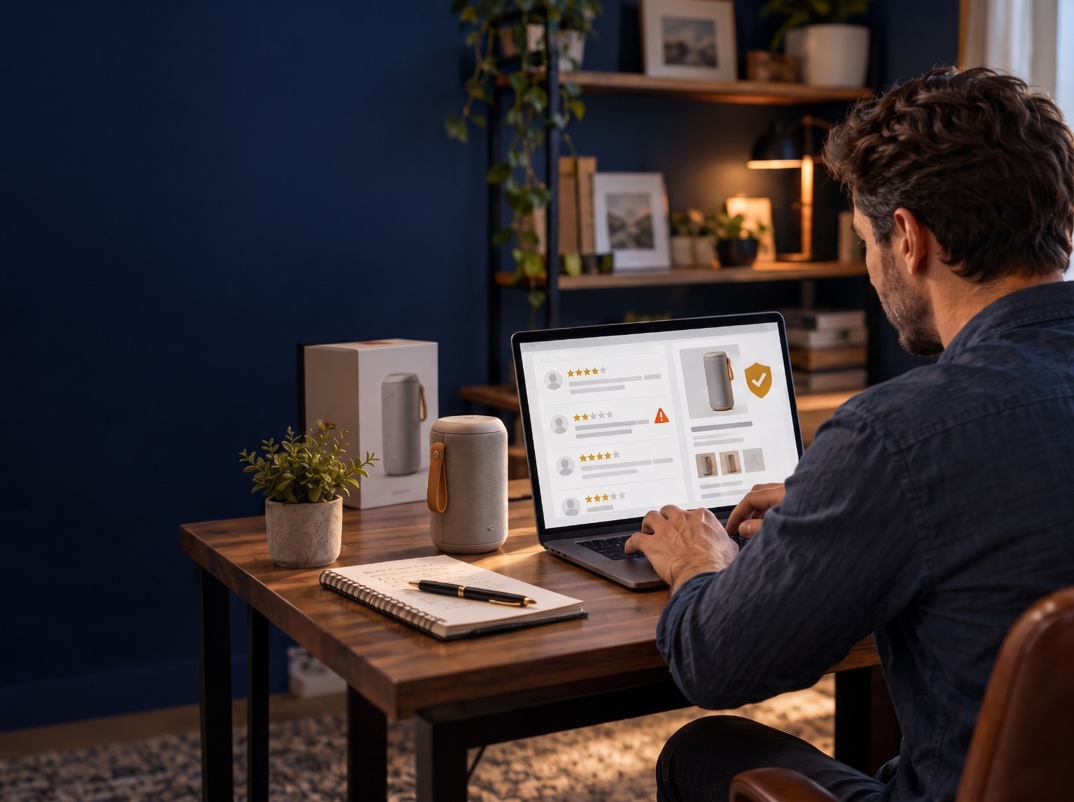 A seller assessing product reviews and a flagged review on a laptop