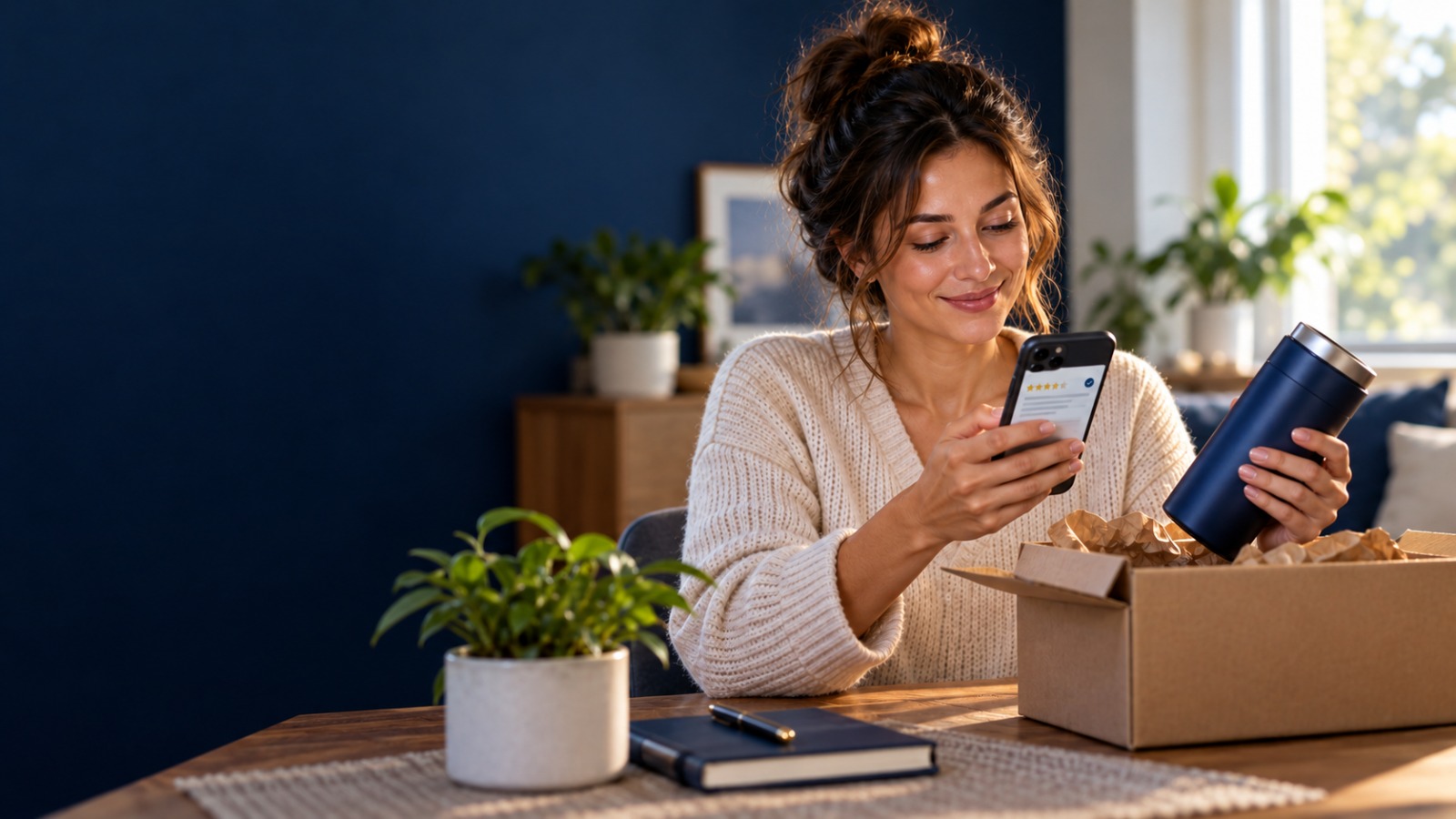 Customer reviewing a newly delivered product on her phone